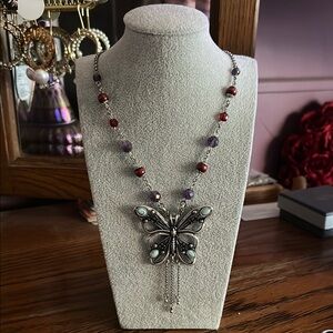Elegant Butterfly Pendant Necklace with Red and Silver Accents